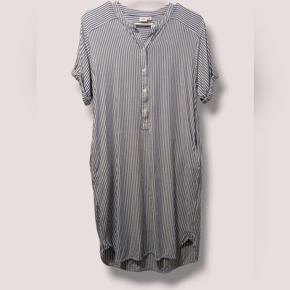 Gap Blue Striped Short Sleeve Belted Button-Up Midi Shirt Dress Preppy Nautical - Picture 2 of 11